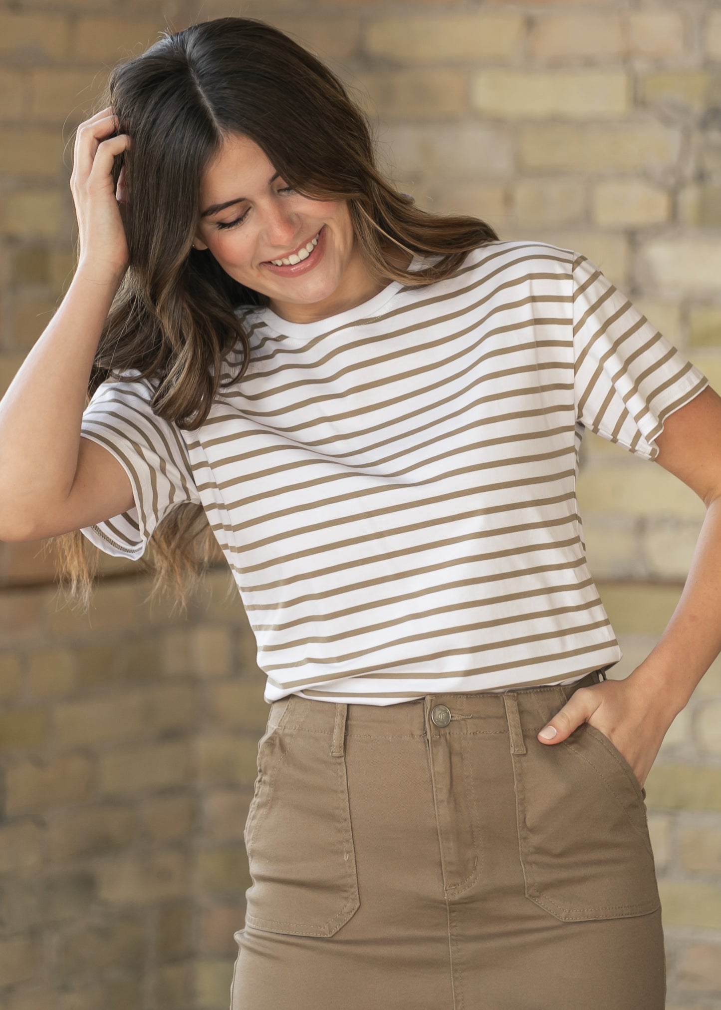 Crew Taupe Striped Relaxed Basic T Shirt
