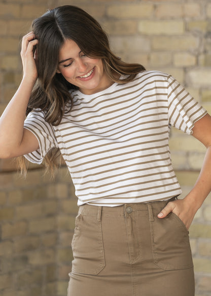 Crew Taupe Striped Relaxed Basic T Shirt