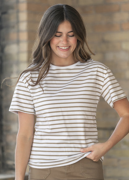 Crew Taupe Striped Relaxed Basic T Shirt