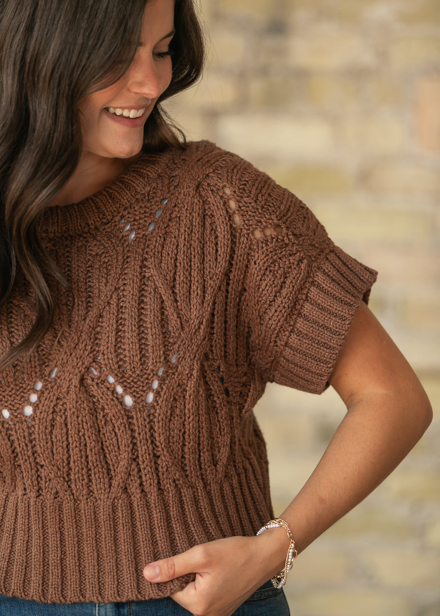 Chocolate brown crochet short sleeve top with round neckline, open-knit pattern, and ribbed hem.