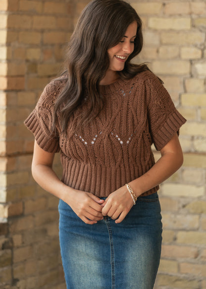 Chocolate brown open-knit crochet top with round neckline and oversized waist-length fit.