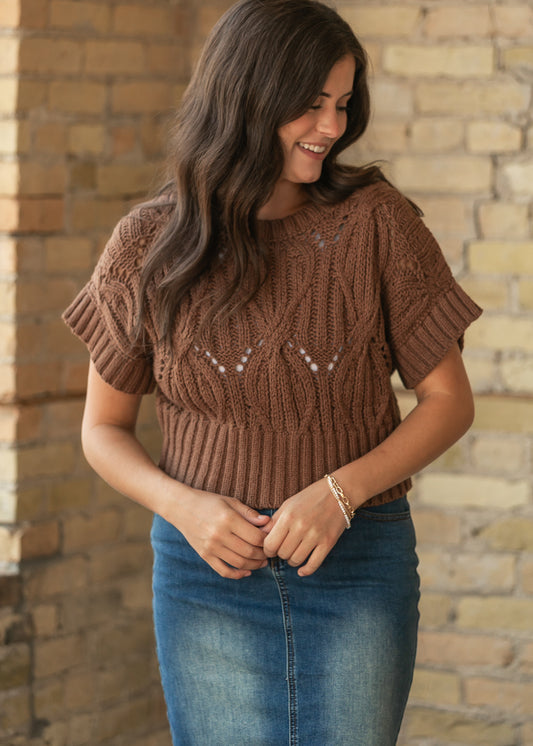 Chocolate brown open-knit crochet top with round neckline and oversized waist-length fit.