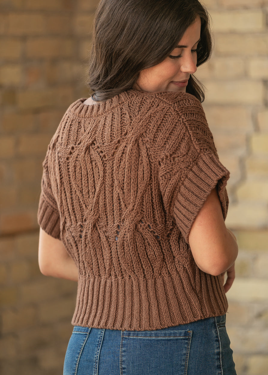 Back of chocolate brown crochet top showing open-knit pattern, short sleeves, and ribbed waist-length hem.