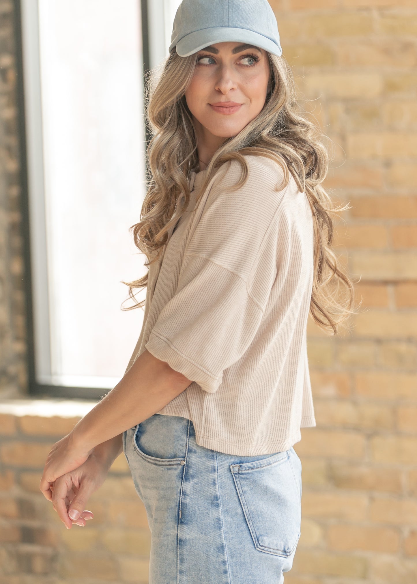 Ribbed Knit Button Front Top