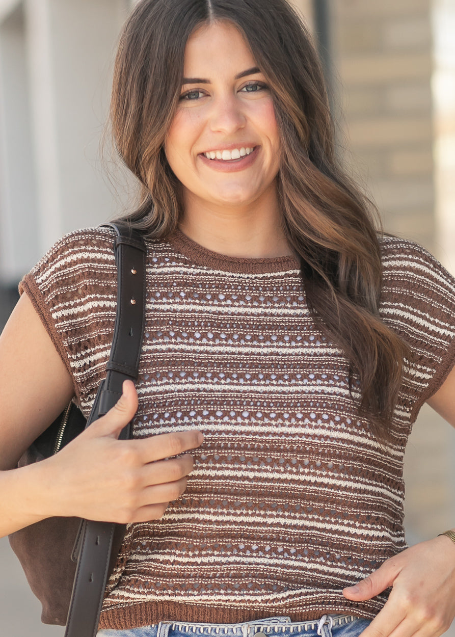 Brown Stripe Drop Shoulder Top FF Tops