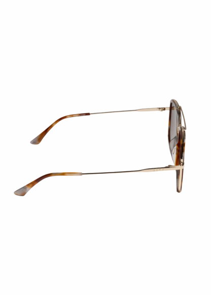 Side profile of brown tortoise aviator sunglasses with slim metal temples and tortoise tips.