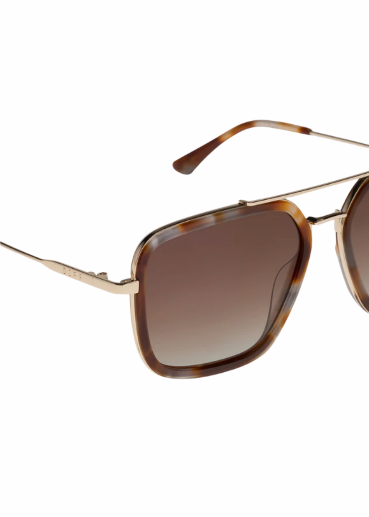 Close-up of brown tortoise polarized sunglasses showing gradient lens and gold-tone metal detail.