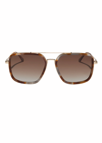 Brown tortoise aviator sunglasses with square gradient lenses, double brow bar, and metal bridge.