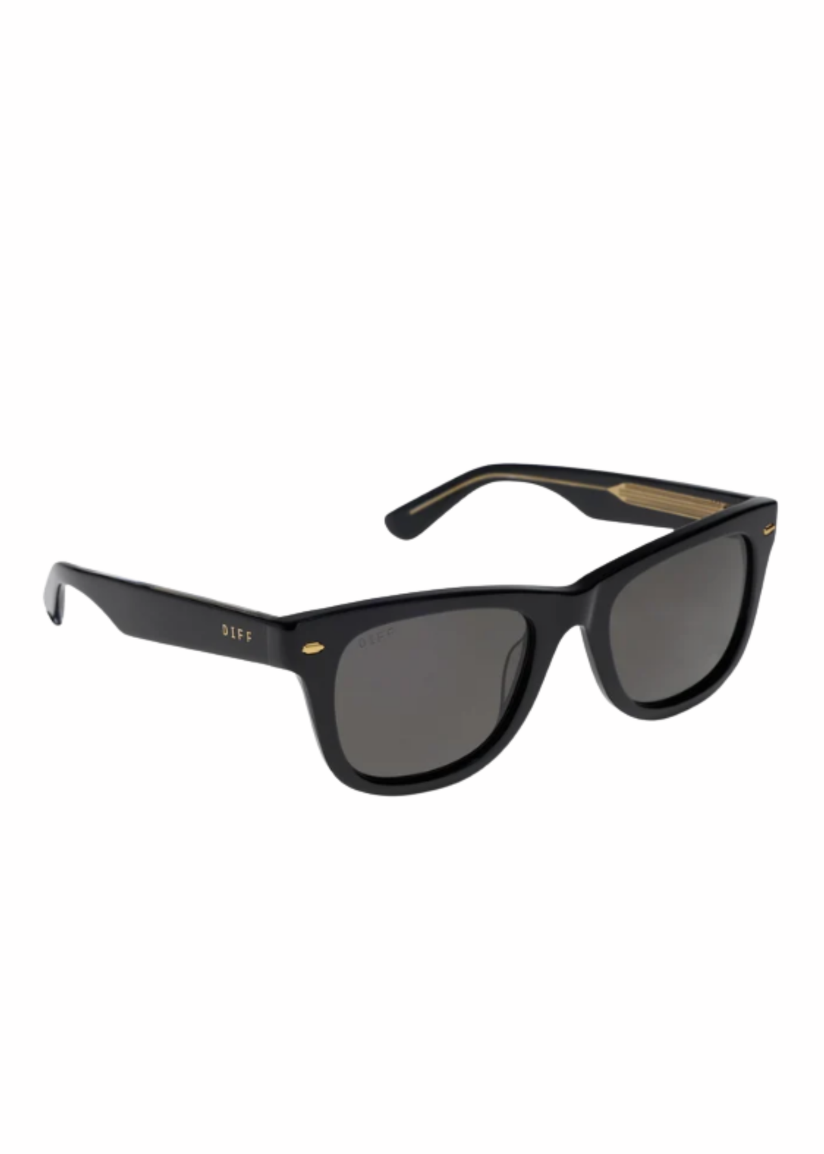 Angled view of black rectangular polarized sunglasses showing thick acetate arms and gold-tone details.