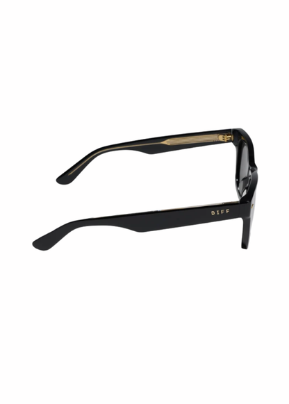 Side view of black DIFF Mercer sunglasses showing wide acetate temples and gold-tone branding.