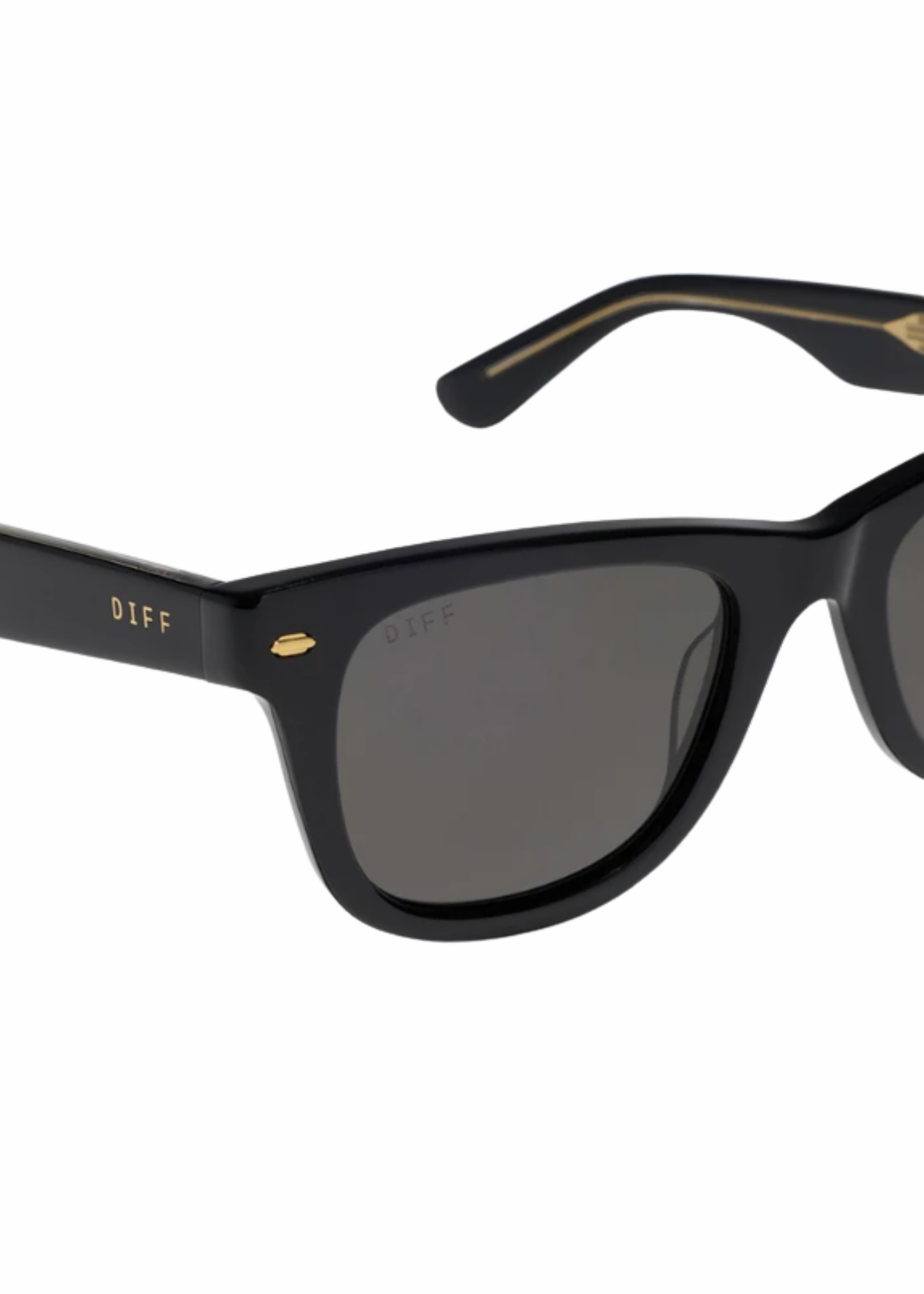 Close-up of black polarized sunglasses showing rectangular frame, dark lenses, and gold-tone hardware.