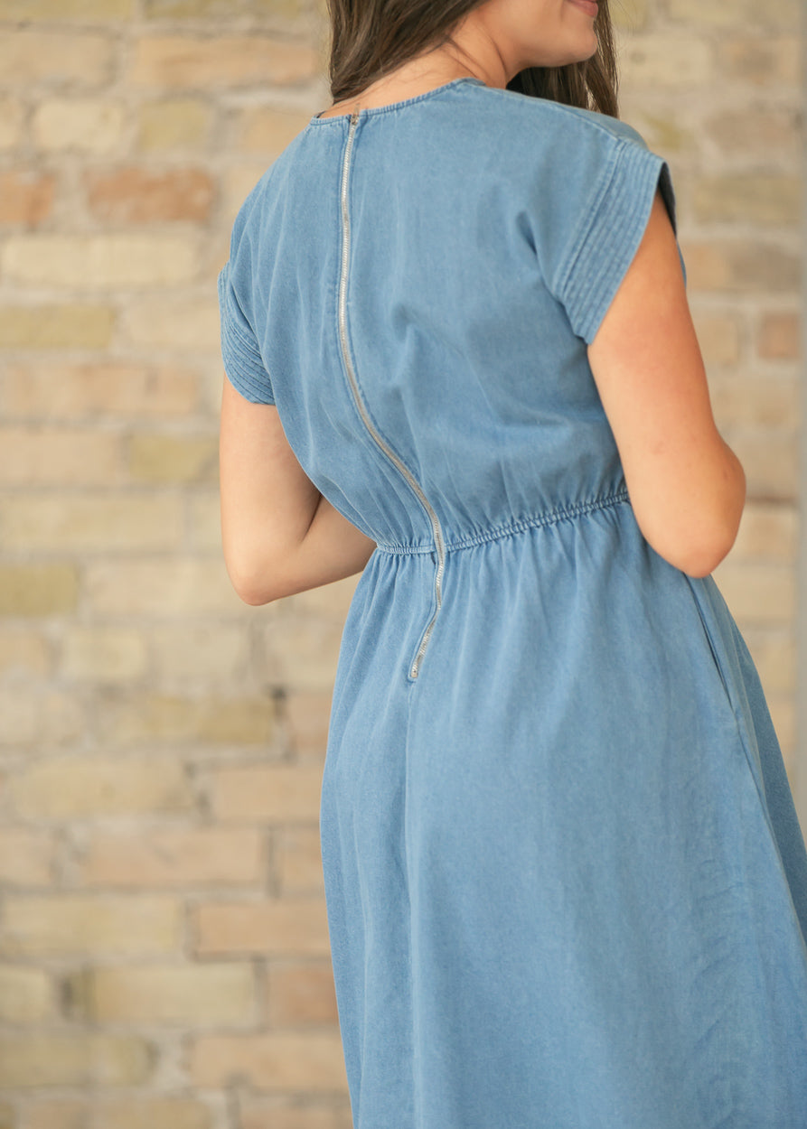 denim midi dress with sleeves Blue Denim Embroidered Belted Half Sleeve Midi Dress main image 1