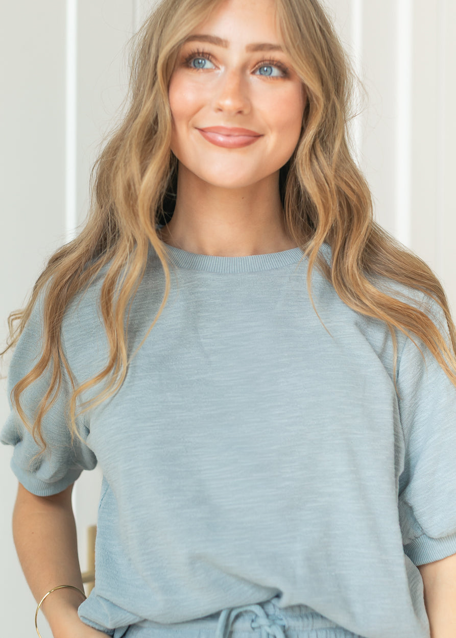 Dusty Blue Short Sleeve Knit Sweater