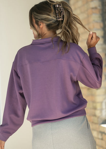 Back of dusty purple quarter-zip sweatshirt showing the yoke seam and funnel mock neck.