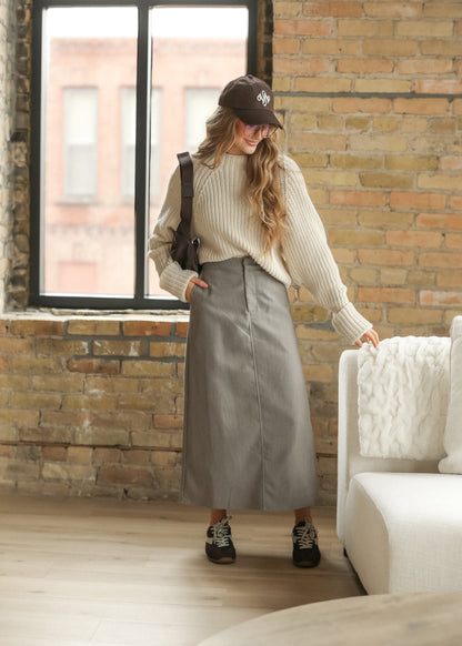 Full-length mushroom trouser midi skirt with semi-fitted silhouette and casual sneaker styling.