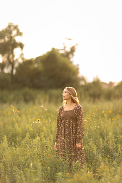 Elise Brown Lace Bodice Maxi Dress