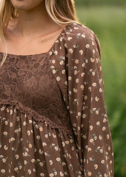 Elise Brown Lace Bodice Maxi Dress