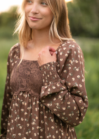 Elise Brown Lace Bodice Maxi Dress