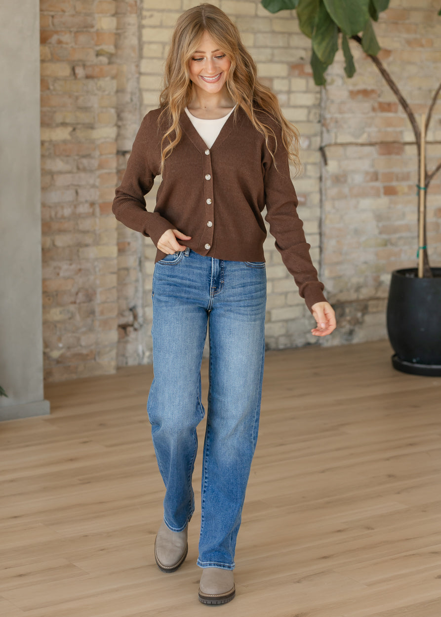 Brown Ribbed Button Front Cardigan FF Tops