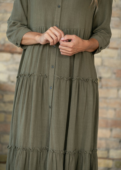 Close-up of olive Elsie dress showing the button front and tiered skirt construction.