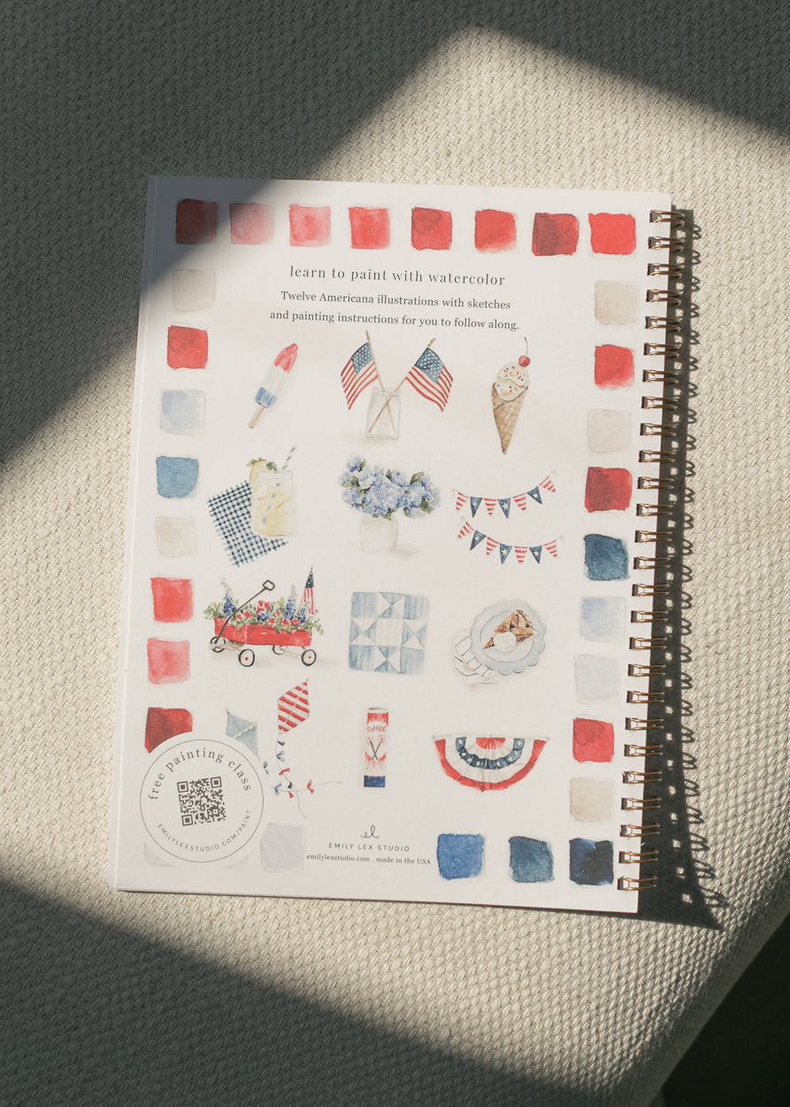Back cover of Americana watercolor workbook showing included painting projects and illustrations.