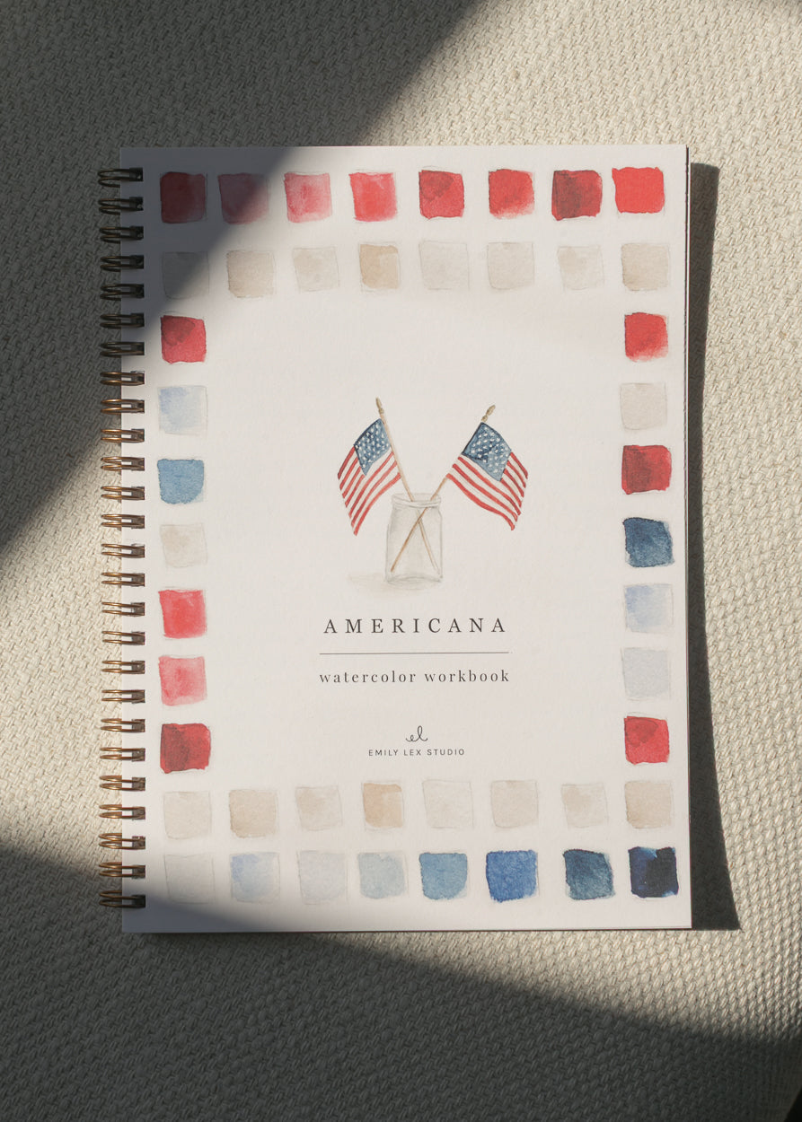 Emily Lex Studio Americana Watercolor Workbook cover with patriotic watercolor artwork.