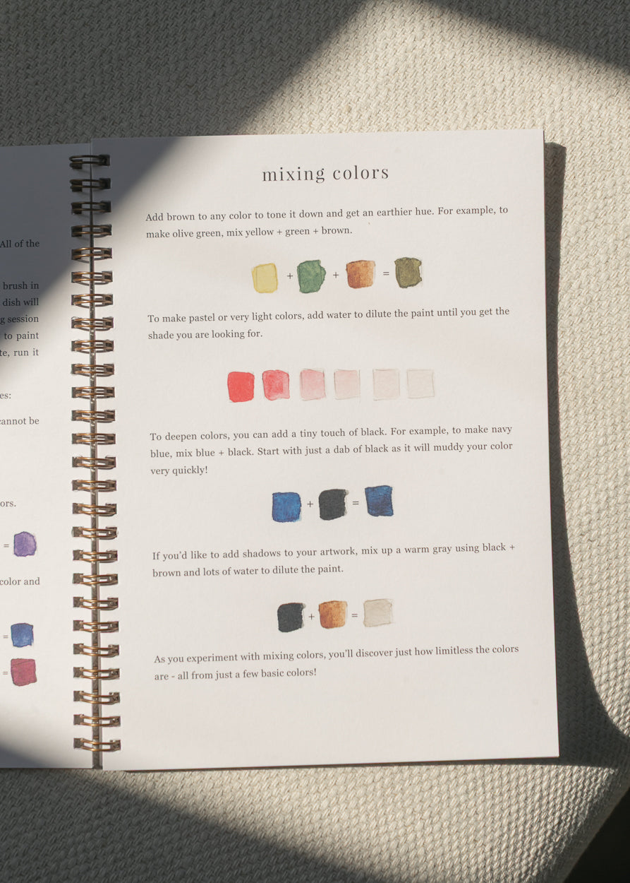 Watercolor workbook page teaching color mixing techniques with painted examples.