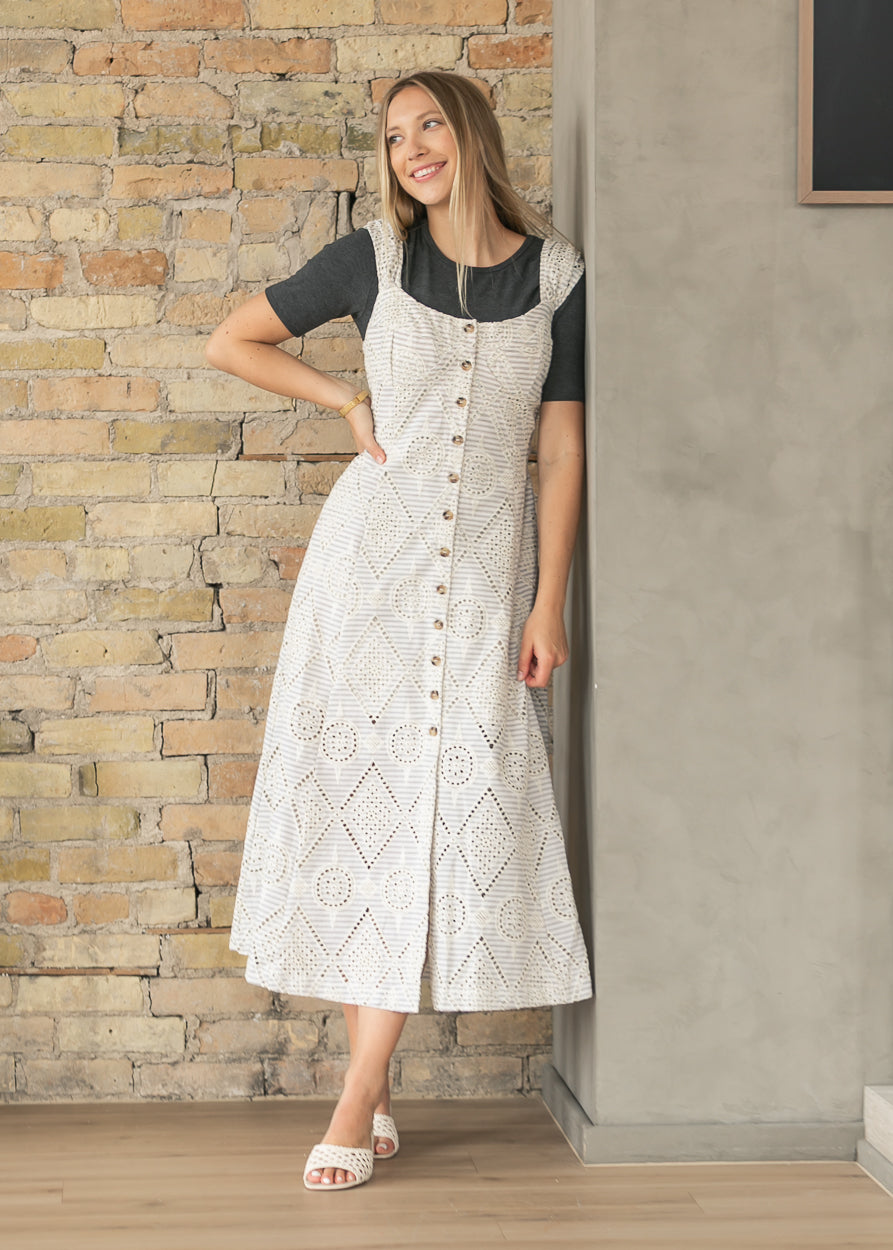 Cream striped embroidered maxi dress with button front detail