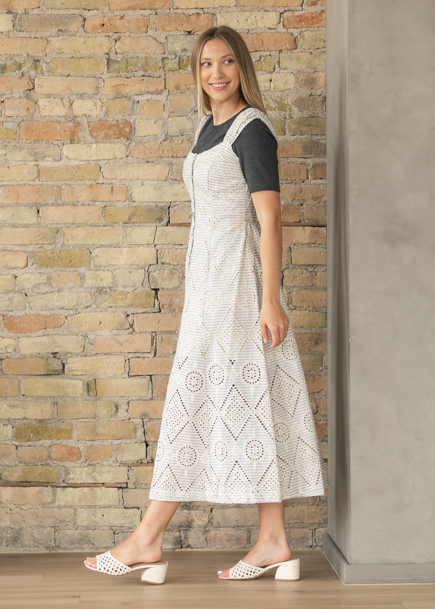 Cream striped maxi dress with textured embroidery and button front closure