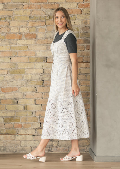 Cream striped maxi dress with textured embroidery and button front closure