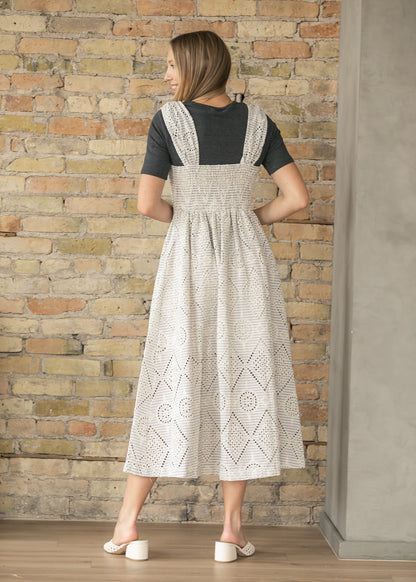 Cream embroidered eyelet maxi dress with flattering semi-fitted silhouette