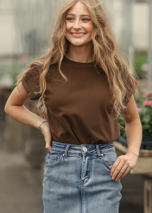 Chocolate brown basic tee with denim midi skirt