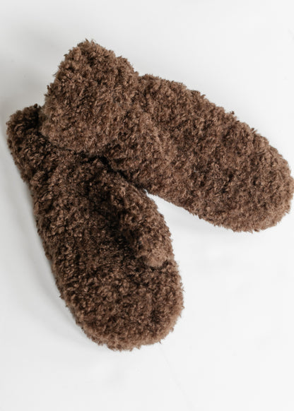 Pair of brown faux shearling curly mittens on a white background.