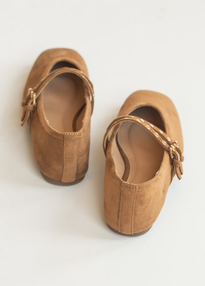Back of camel brown Corkys faux suede flats showing the low-profile heel and tonal stitching.