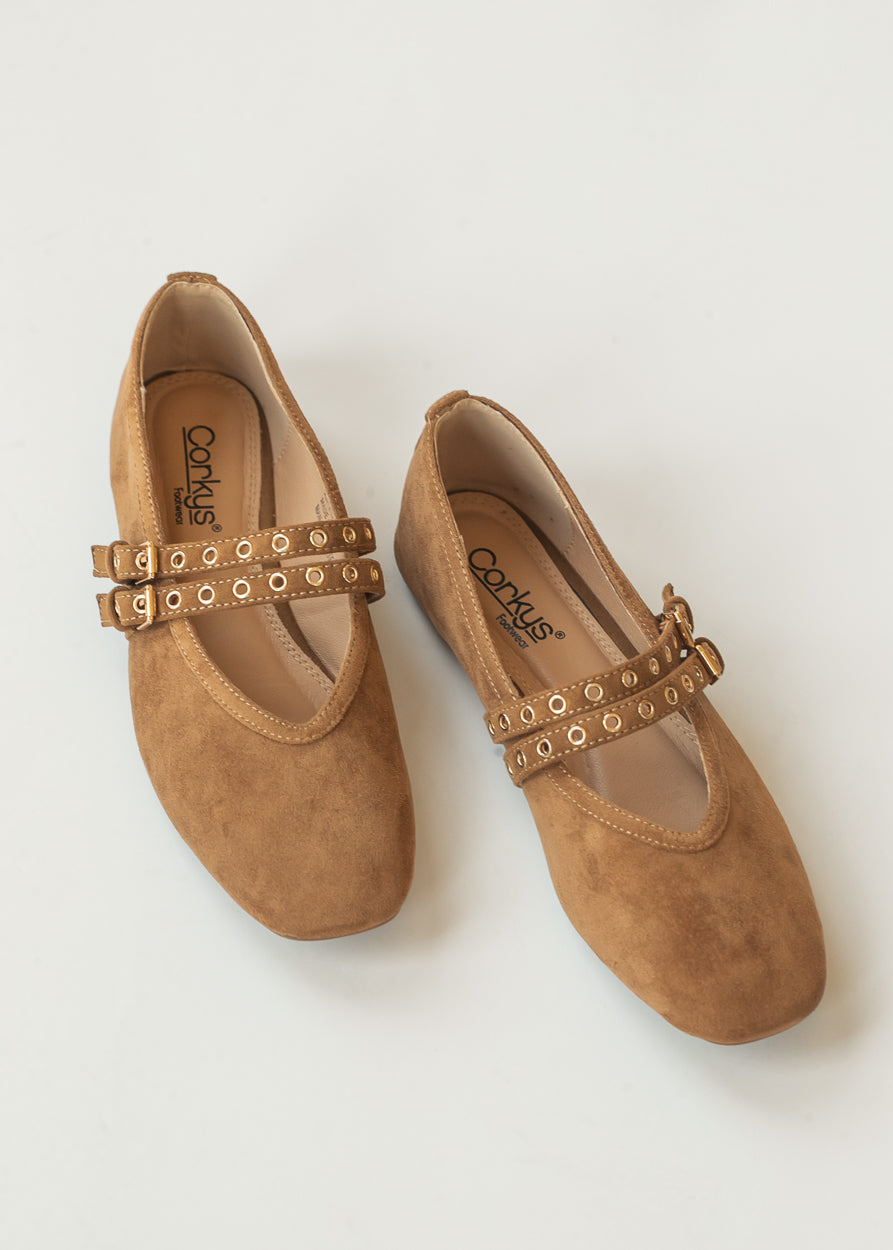 Corkys camel faux suede flats with double adjustable straps and gold-tone hardware shown from above.