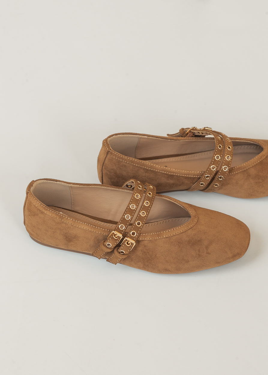 Camel brown Corkys All Eyes On Me faux suede flats with double straps, gold-tone eyelets, and squared toes.