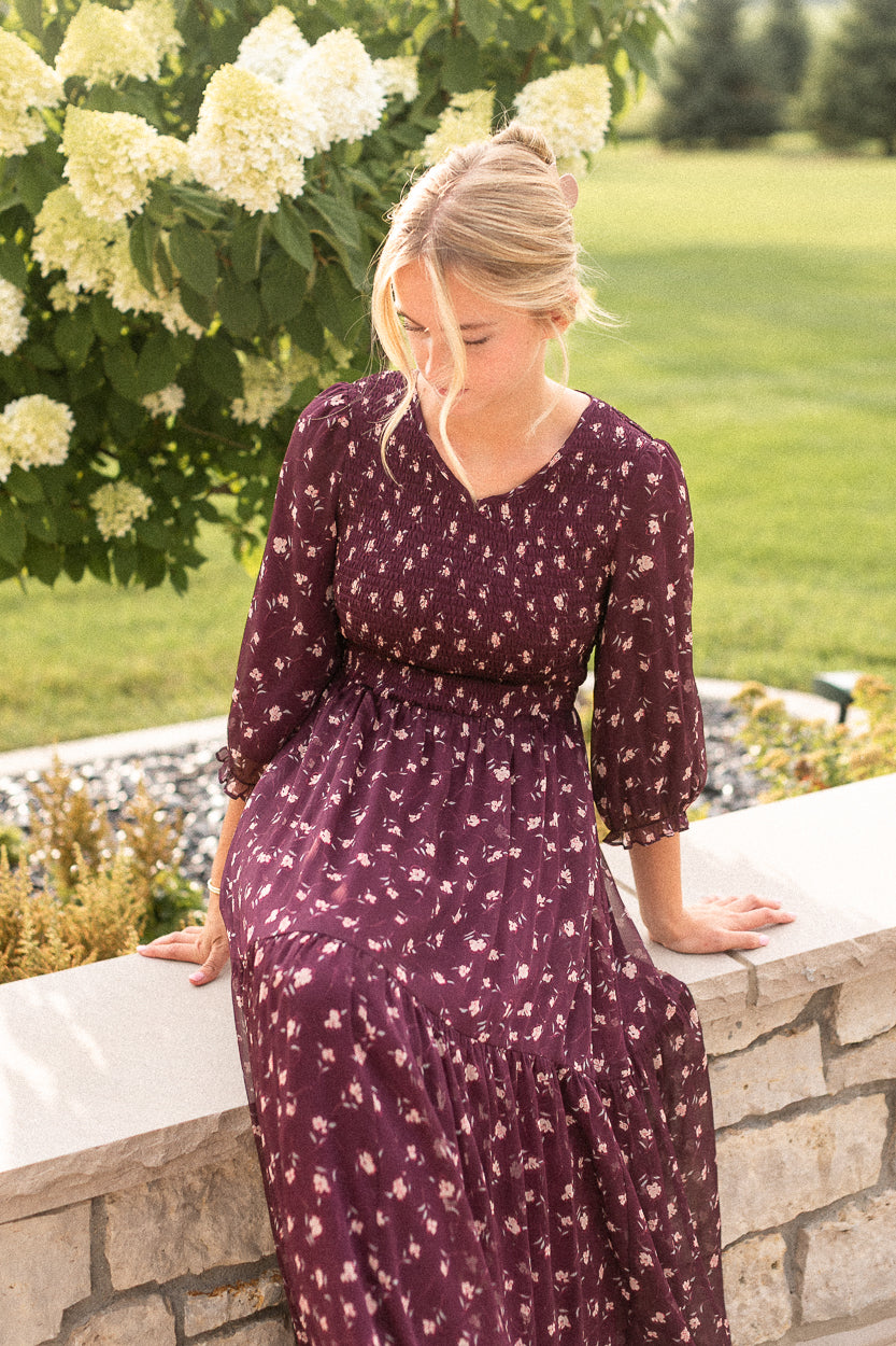 Flora Burgundy 3/4 Puff Sleeve Smocked Midi Dress