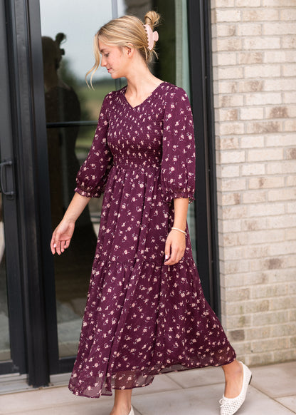 Flora Burgundy 3/4 Puff Sleeve Smocked Midi Dress