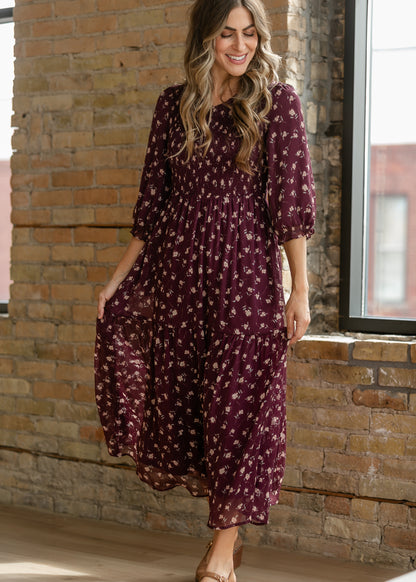 Flora Burgundy 3/4 Puff Sleeve Smocked Midi Dress