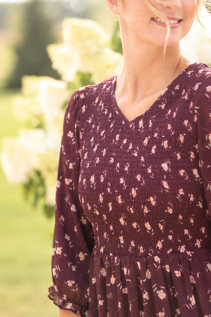 Flora Burgundy 3/4 Puff Sleeve Smocked Midi Dress