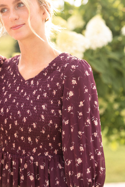 Flora Burgundy 3/4 Puff Sleeve Smocked Midi Dress