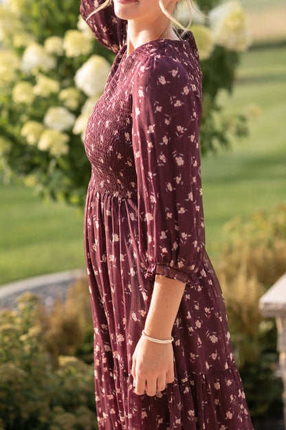 Flora Burgundy 3/4 Puff Sleeve Smocked Midi Dress