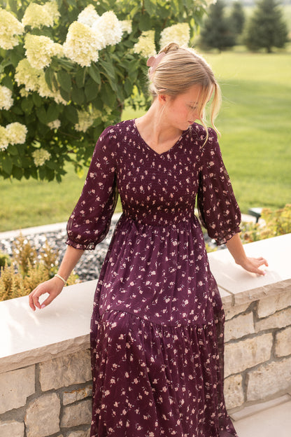 Flora Burgundy 3/4 Puff Sleeve Smocked Midi Dress