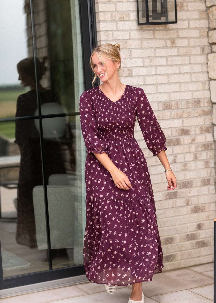 Flora Burgundy 3/4 Puff Sleeve Smocked Midi Dress