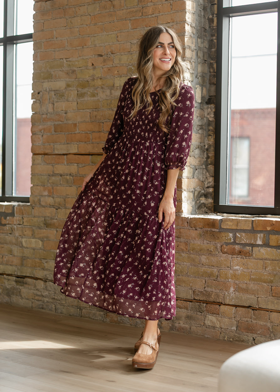 Flora Burgundy 3/4 Puff Sleeve Smocked Midi Dress