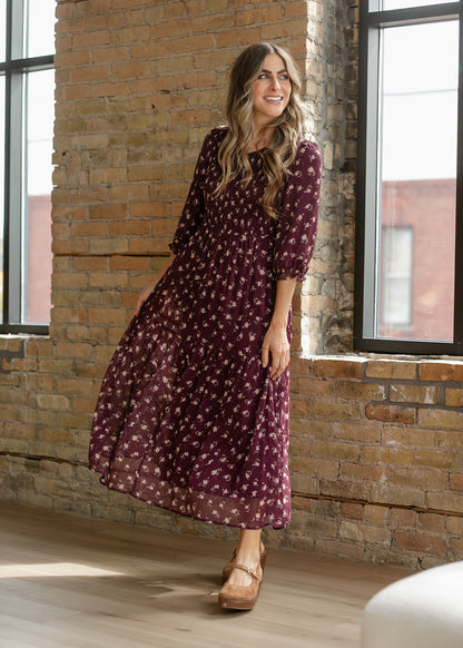 Flora Burgundy 3/4 Puff Sleeve Smocked Midi Dress