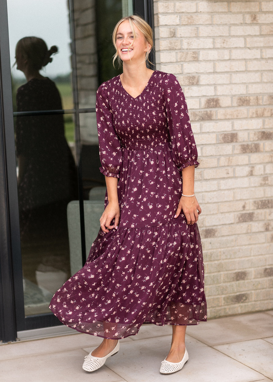 Flora Burgundy 3/4 Puff Sleeve Smocked Midi Dress