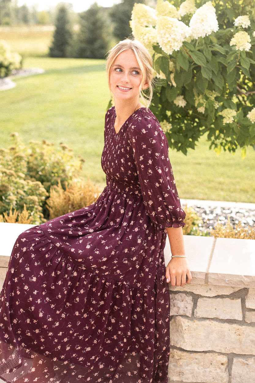 Flora Burgundy 3/4 Puff Sleeve Smocked Midi Dress