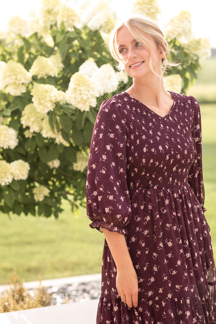 Flora Burgundy 3/4 Puff Sleeve Smocked Midi Dress