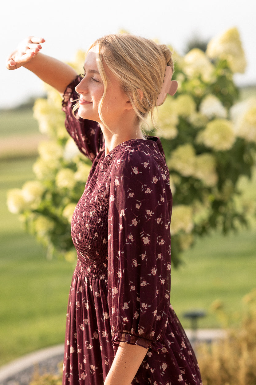 Flora Burgundy 3/4 Puff Sleeve Smocked Midi Dress